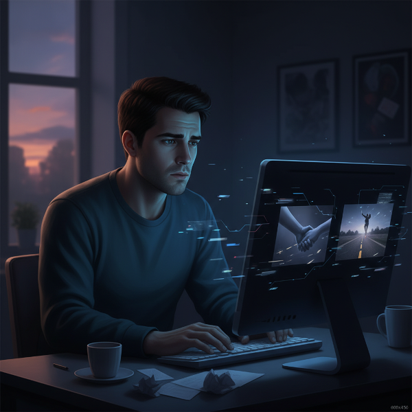 Illustration d'un jeune homme en proie à une confusion intime et à un stress, symbolisant le conflit entre désir, fatigue et valeurs.