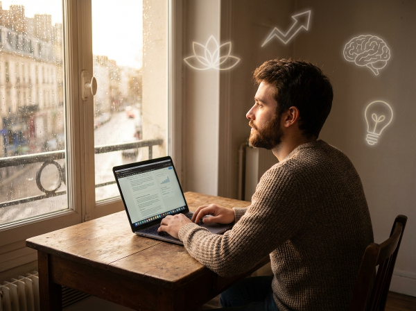Un jeune homme réfléchit à ses défis professionnels et à son estime de soi, entouré de symboles de croissance personnelle et de préparation mentale.