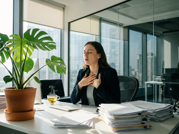 Une jeune professionnelle gère le stress au travail en prenant une pause consciente dans son nouvel environnement de bureau.