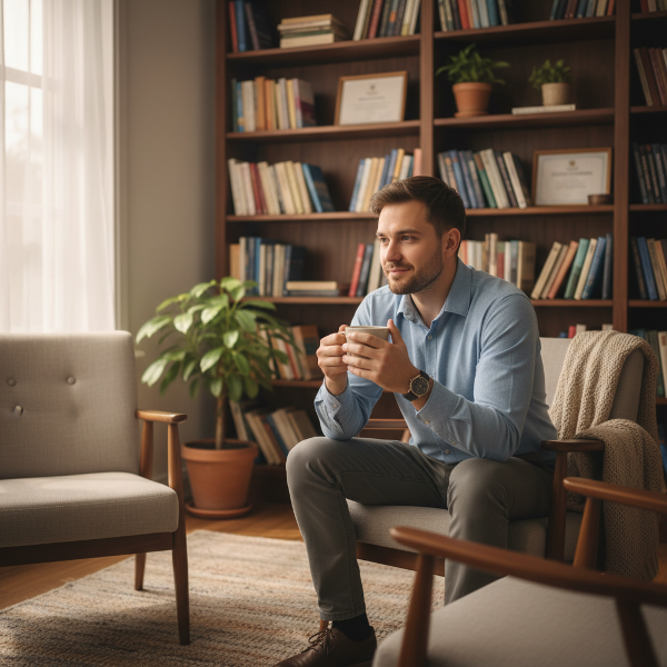 Un jeune psychologue réfléchit dans son bureau paisible, illustrant une écoute bienveillante sur les défis d'intimité dans le couple.