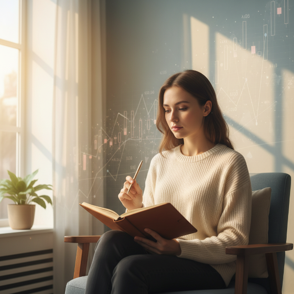 Une jeune femme réfléchit paisiblement dans un environnement apaisant, évoquant un travail sur l'anxiété et la recherche de sécurité intérieure.