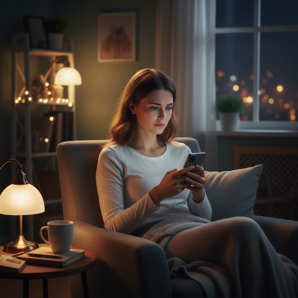 Une jeune femme cherche du réconfort la nuit, entourée d'une lumière douce, illustrant la vulnérabilité et la résilience après un événement traumatisant.