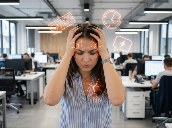 Une jeune femme professionnelle ressent une colère interne et un stress accumulé dans un environnement de bureau, avec des éléments symboliques illustrant ses déclencheurs.