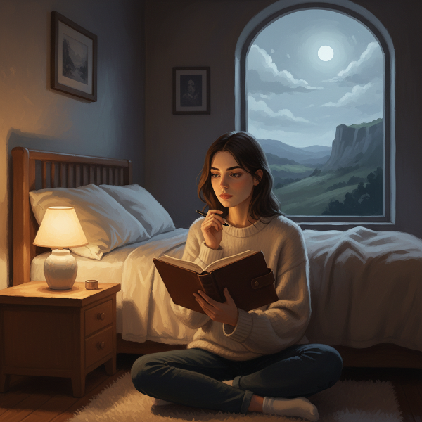 Une jeune femme calme dans sa chambre la nuit, tenant un journal, avec une lumière douce et un paysage lunaire paisible à la fenêtre, illustrant le retour au calme après un rêve intense.
