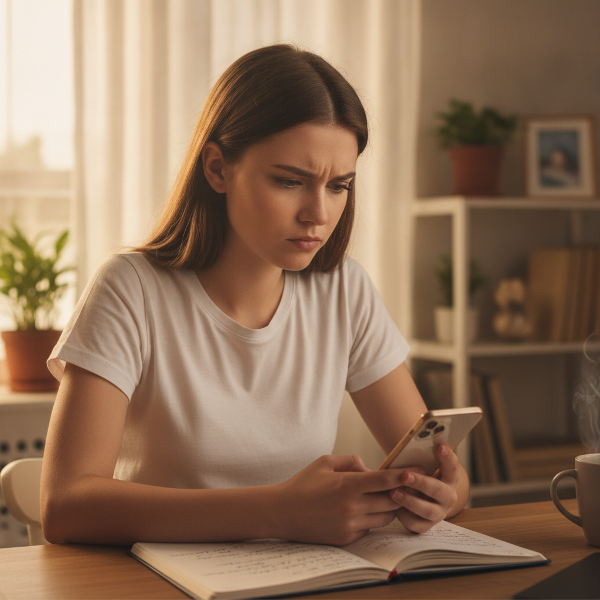 Jeune femme réfléchie préparant une conversation relationnelle importante, mêlant introspection et confiance.