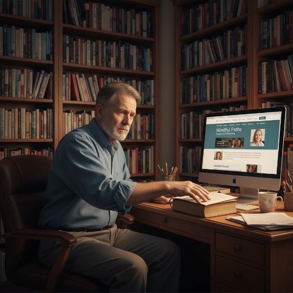 גבר מבוגר בחדר עבודה ביתי, מוקף בספרים מסודרים להפליא, מגלה ספר אחד שאינו במקומו. אור חם ומקבל בוקע ממסך המחשב שלו, המייצג את עבודתו הטיפולית המקוונת.