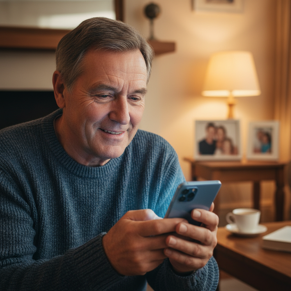 גבר מבוגר וחם המתבונן בטלפון שלו, המסמל את המאבק בין הרצון להתעדכן לבין הצורך בנוכחות משפחתית ורוגע.