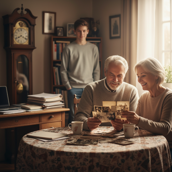 זוג בגיל השלישי משוחח בבית בניחותא, עם רמזים למתח משפחתי ולאתגרי עבודה, באווירה של הירתמות לשינוי.