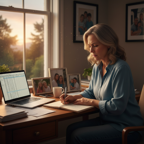 אישה בת 54 יושבת ליד שולחן עבודה ביתי, כותבת במחברת ומרגישה את המתח בין עבודה למשפחה.