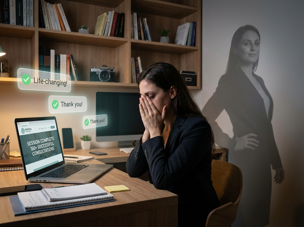 אישה צעירה מול מחשב מרגישה שחוקה ולחוצה למרות ההצלחה של האתר שלה, עם משובים חיוביים לצד דמות צל של ביטחון עצמי.