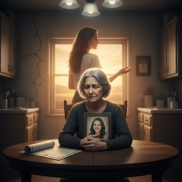 אמא מאומצת מביטה בכאב ובאהבה בתמונת בתה הבוגרת, בעוד דמותה השקופה של הבת נמשכת לעבר אור מייצג את אמה הביולוגית, על רקע של קשר משפחתי שמתערער אך עדיין איתן.