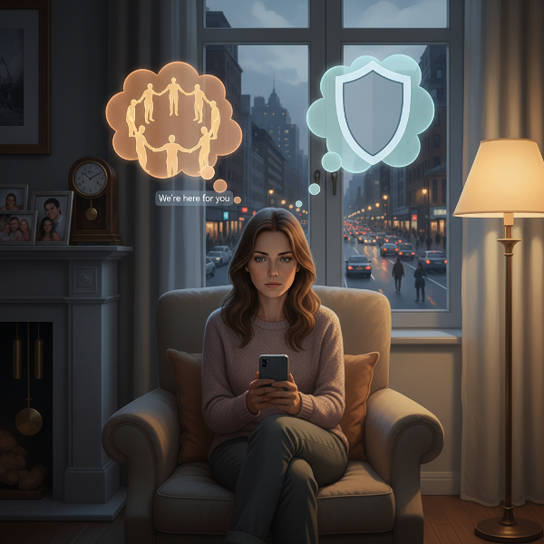 אישה בת 34 עם הבעה אמביוולנטית בחדר נעים, מוקפת בסמלים של קשר חברתי, בידוד ולחצי זמן, מקבלת מסר תומך.