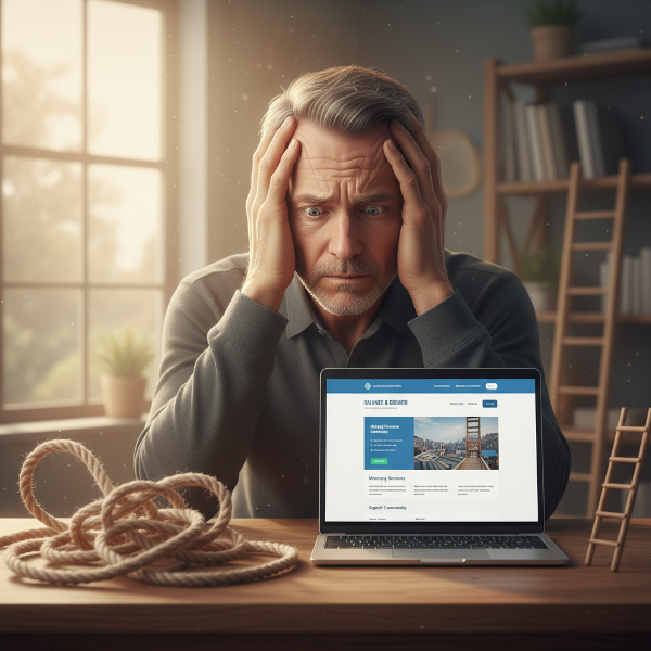 גבר מבוגר מול מחשב, נראה חרד, עם סמלים של חרדה ותקווה ברקע.