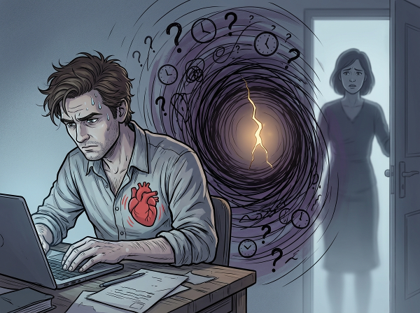 איור של גבר בן 36 בעבודה מהבית, חווה חרדה לפני אינטימיות, מופרד מאשתו על ידי סמלי חרדה סוערים, עם קרן אור קטנה של תקווה.