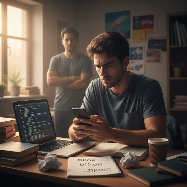 סטודנט מוטרד יושב ליד שולחן עבודה מבולגן, מוקף בסמלים לחוסר ביטחון וקנאה, עם אור המסמל תקווה והתמודדות.