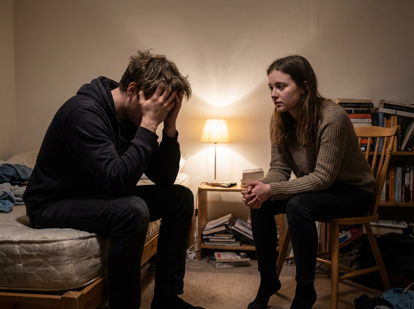 גבר צעיר במיטתו נראה חרד ומתוח, בזמן שבן זוגו יושב קרוב אך מרוחק פיזית, המחיש את הקושי באינטימיות למרות קשר רגשי חזק.