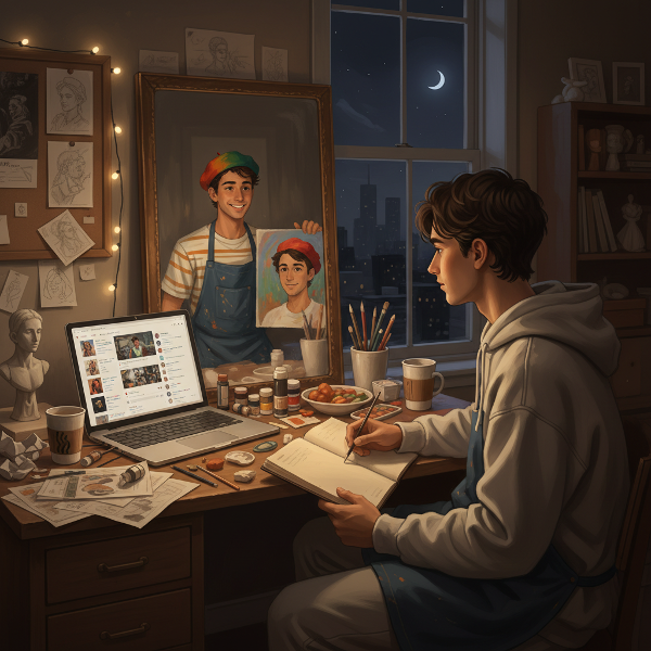סטודנט לאמנות מתמודד עם חרדות מקצועיות ובדידות בשעת לילה מאוחרת, כשיצירה והשוואה חברתית מתנגשות.