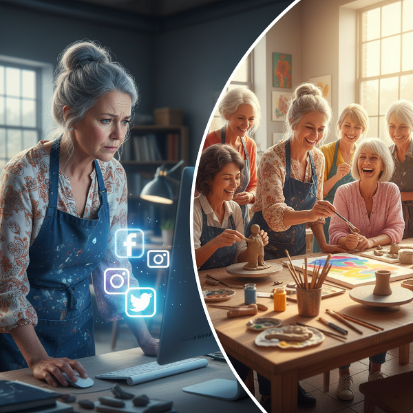 דמותה של מורה לאמנות עומדת בפני מסך מחשב המסמל ספק עצמי, בעוד מאחוריה נראה מרחב יצירה תוסס ומחבר של נשים בגיל המעבר.