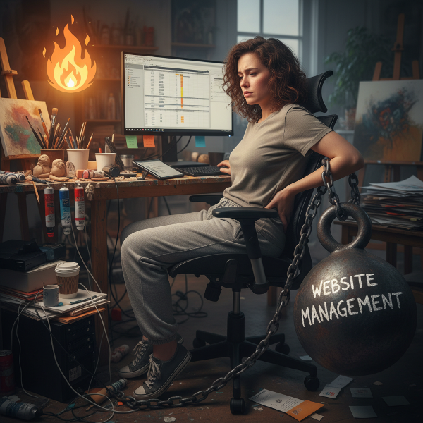 מטפלת באמנות מותשת מול מחשב בסטודיו שלה, כשהיא לכודה בין להבת יצירה לבין משקולת ניהולית דיגיטלית.