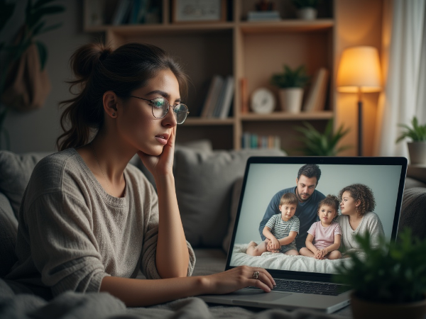 אישה צעירה עובדת מהבית ומביטה בתצלום משפחתי, בעוד דימויים של קשרים חברתיים ומשפחתיים דוהים סביבה, הממחישים את חששותיה מאובדן העצמי והריחוק במשפחה המעורבת החדשה.