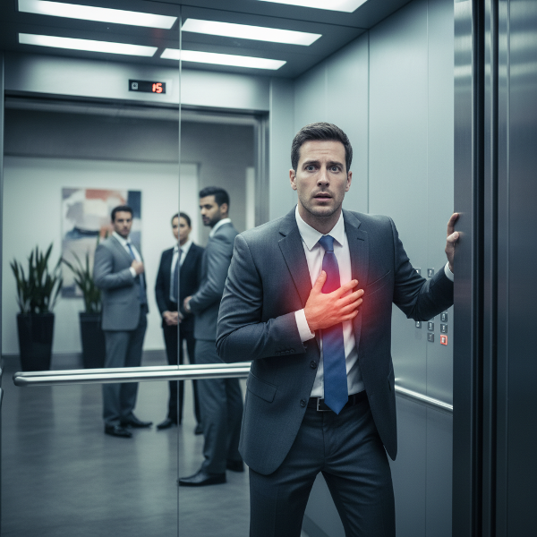 גבר צעיר בחליפה חווה חרדה בתוך מעלית משרדית מודרנית, בעוד עמיתיו מחכים בחוץ - המחשה של קושי תעסוקתי לאחר מעבר למשרד חדש.