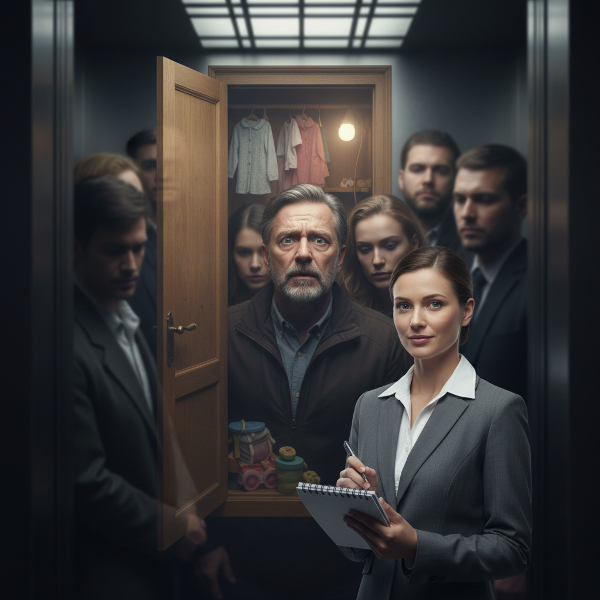 איור של גבר במצוקה בתוך מעלית צפופה, עם הדים מעומעמים של ארון ילדות ברקע, ופסיכולוגית קלינית בחזית המייצגת תמיכה וניתוח.