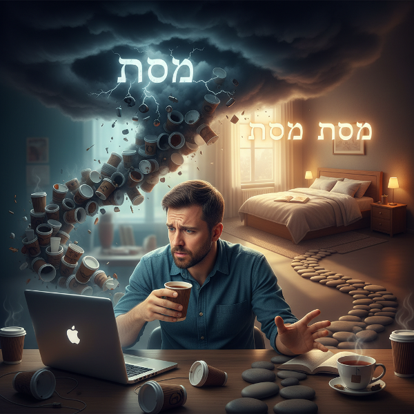 איור הממחיש את המעגל בין שתיית קפה, חרדה וקושי בשינה, לצד הדרך להחלפת הרגלים ולשיפור איכות השינה.