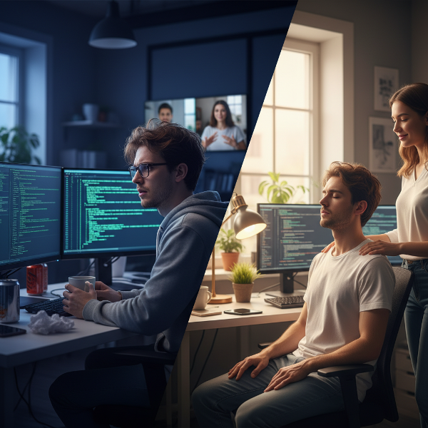 סטודנט למחשבים מתמודד עם לחץ עבודה בחברת סטארט-אפ - מראה את החרדה שלו מול המחשב לצד טכניקות הרגעה ותמיכה חברתית.