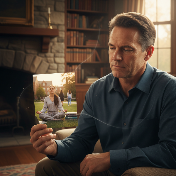 אב חושב מול תמונה של בתו הסטודנטית במדיטציה, הממחישה את המתח בין דאגה הורית לצמיחה רוחנית עצמאית.