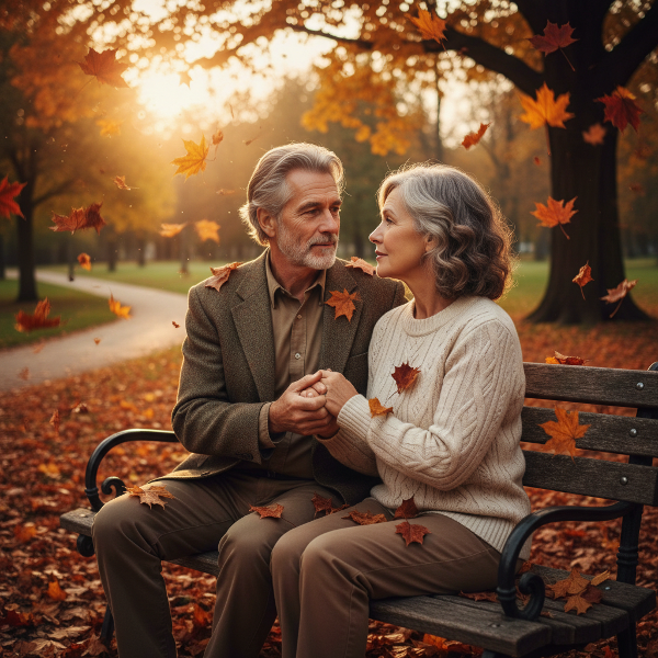 זוג מבוגר יושב על ספסל בפארק בשעת שקיעה, אוחזים ידיים בעדינות ומשוחחים, עם עלי שלכת נופלים סביבם.