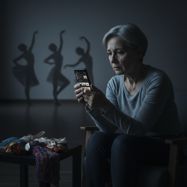 אישה בת 63, מטפלת במחול, יושבת לבד בחדר חשוך עם טלפון זוהר, בעוד צלליות מחול דהויות ברקע מסמלות את השמחה שאבדה. הבעת פניה משקפת עצב, חרדה ותחושת בדידות לאחר פרידה.