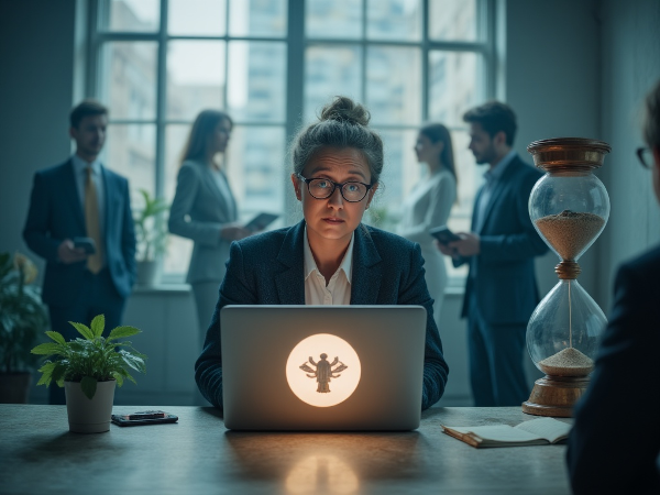 יזמית מבוגרת ליד שולחן עבודה מודרני, מוקפת בדמויות מעורפלות המייצגות חרדה חברתית, עם אלמנטים של שחיקה ותקווה.