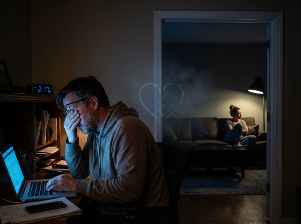 גבר מותש מול המחשב בלילה, ואשתו לבדה בסלון, המחיש את הפער והריחוק בזוגיות עקב עבודה מאומצת.