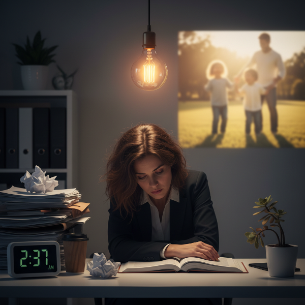 אישה בת 38 בעבודה מרגישה שחוקה, עם נורה מעל ראשה שמתעמעמת. סביבה ניירות עבודה כאוטיים ושעון מאוחר, בעוד סצנת משפחה שלווה מטושטשת ומרוחקת.