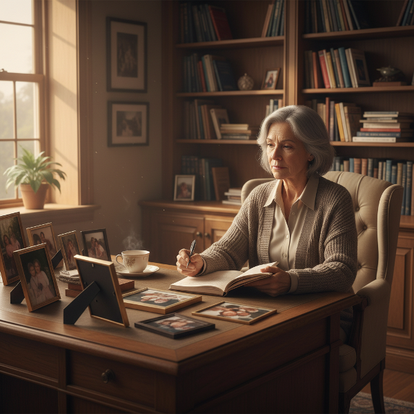 מטפלת מבוגרת בחדר העבודה שלה בערב, מביטה בתמונות משפחתיות תוך כדי הרהור על האיזון בין מחויבות מקצועית לבין חייה האישיים.