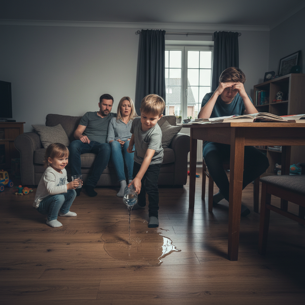 תמונה משפחתית המראה אב ואם מודאגים מול בנם האמצעי, בן ה-9, המפיל כוס מים במכוון, בעוד האח הגדול מנסה ללמוד והאחות הקטנה מחקה את ההתנהגות.