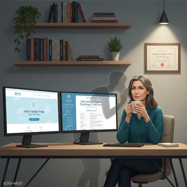 פסיכולוגית בת 57 יושבת ליד שולחן עם מסכים המראים אתר טיפול והזמנה לכנס, כשלצידה דמות מעורפלת לוחשה באוזנה ואור מואר על תעודת הוקרה ממטופלים.