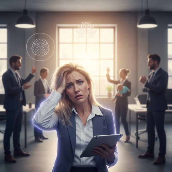 אישה בת 46, מנהלת סטארט-אפ, נראית עצבנית ומוצפת במשרד מודרני, מוקפת בדמויות מעורפלות ומתוחות. אור רגוע חודר מהחלון, מסמל את הדרך לשחרור רגשי ואיזון.