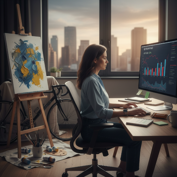 מנהלת סטארט-אפ תקועה מול מסך עם תחביבים נטושים, לצד סמלים של צעדים קטנים לפריצת המעגל.