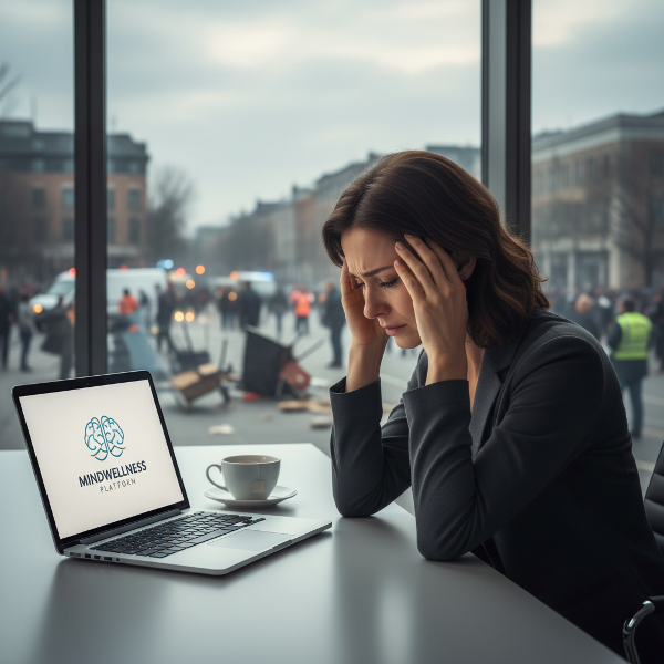 מייסדת פלטפורמת בריאות נפשית יושבת במשרדה, שקועה במחשבות לאחר אירוע טראומטי, כשנוף העיר מחלון גדול נראה מעורפל ועצוב.