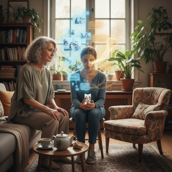 פסיכולוגית גשטלטיסטית בשיחה עם מטופל, הממחישה את הפער בין בדידות בתוך קשר לבין פוטנציאל למגע אותנטי באמצעות טכניקות הגישה.