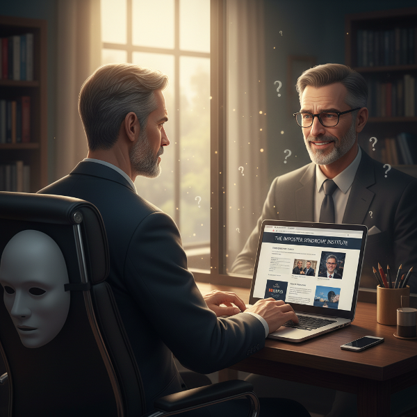 גבר בן 52 יושב ליד שולחן עם מחשב, מביט בהשתקפותו בחלון חשוך החושפת את הפער בין המקצוען החיצוני לפחדים הפנימיים, עם אור בוקר וסימני שאלה מרחפים.