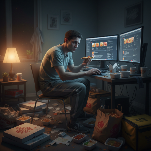 גבר צעיר בחדר חשוך מול מחשב עם משלוחי אוכל רבים, מביע מצוקה, בעוד אור רך של תקווה וטיפול נראה ברקע.