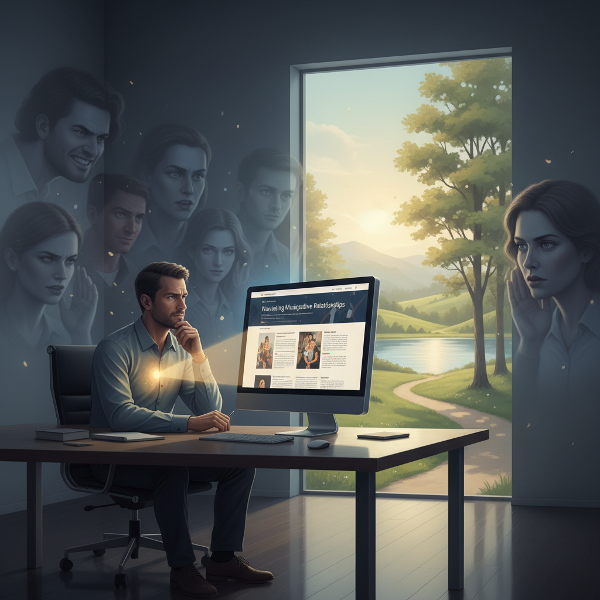 גבר בן 43 מרגיש בדידות במשרדו המודרני, מוקף בדמויות מעורפלות המייצגות מניפולציה, בעוד שביל אור מוביל לחלון אל נוף טבעי שלוו.