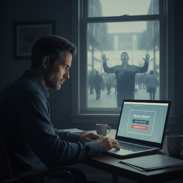 גבר בודד בחדר ריק מול מחשב, עם השתקפות חלום שבו הוא צועק ולא נשמע, הממחיש את הפער בין עזרה לאחרים לבין בדידות אישית.