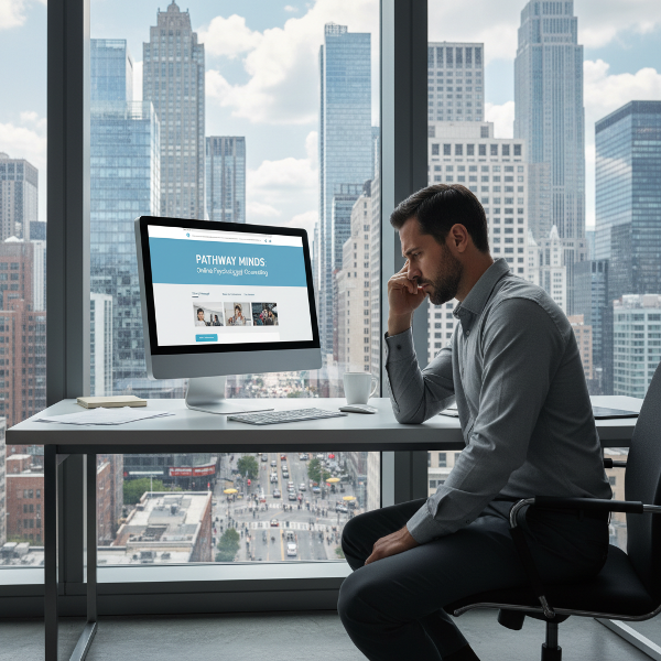 גבר בן 38 יושב לבדו מול מחשב במשרד מודרני, מביט במסך המציג אתר לייעוץ פסיכולוגי, בעוד מחוץ לחלון נראית עיר גדולה והומה עם אנשים מרוחקים. התמונה ממחישה את הפרדוקס של קשרים דיגיטליים לצד בדידות רגשית.