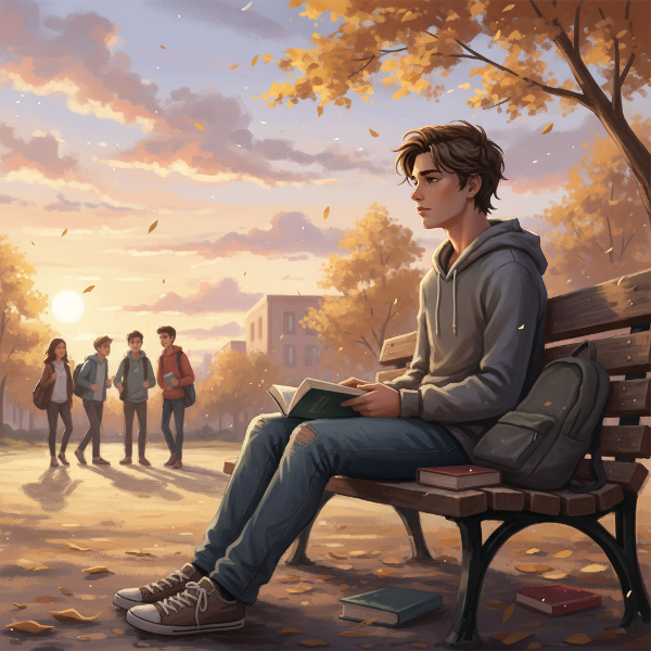צעיר בן 18 יושב לבדו על ספסל בקמפוס אוניברסיטאי, מביט בחברת סטודנטים אחרים מרחוק. האור רך ומלא תקווה.