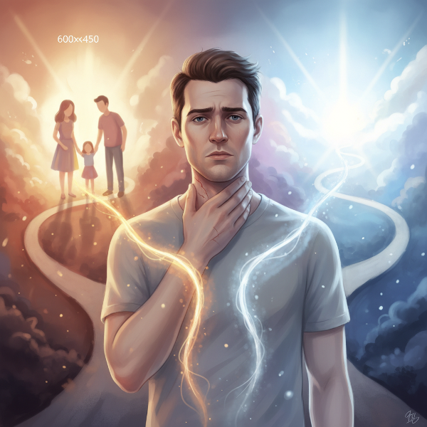 גבר עומד בצומת דרכים סמלית, כשידו על צווארו עם סימנים אדומים. מאחוריו סצנת משפחה מטושטשת ומולו נתיב אל האור. קווים זוהרים מייצגים את הקונפליקט הפנימי בין הביטחון לחופש.