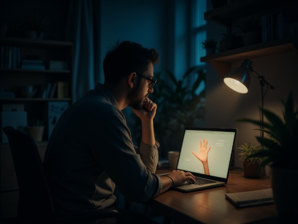 גבר מבוגר יושב לבדו ליד מחשב נייד, מוקף באור עמום וצללים, בעוד מסך המחשב מראה פלטפורמת ייעוץ מקוונת עם אלמנטים של תקווה ותמיכה.