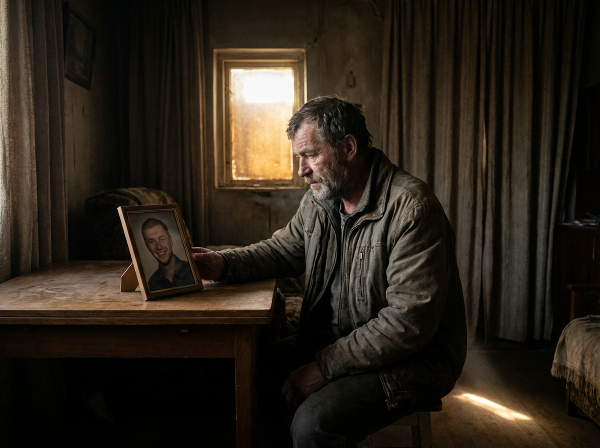 גבר מבוגר יושב בחדר חשוך עם תמונה של אחיו, אור עדין נכנס מהחלון ומסמל תקווה והדרגתיות בתהליך ההחלמה.